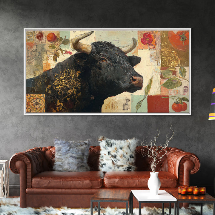 Steakhouse Black and Gold Bull Portrait Framed Canvas Print, Restaurant Art, Living Room Decor, Restaurant Decor, Bistro, RES-2x1-99