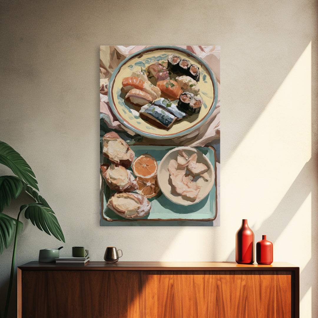Sushi Fish and Ceramic Plate Composition Framed Canvas Print, Restaurant Art, Kitchen Decor, Restaurant Decor, Fine Art, Bistro, RES-2x3-13