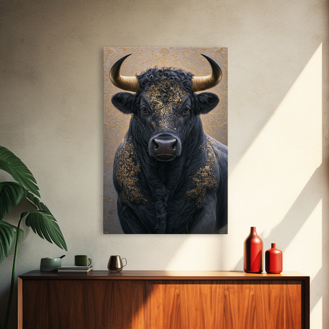 Steakhouse Black and Gold Bull Portrait Canvas Print, Restaurant Art, Minimalist Decor, Restaurant Decor, Fine Art, Bistro, RES-2x3-15