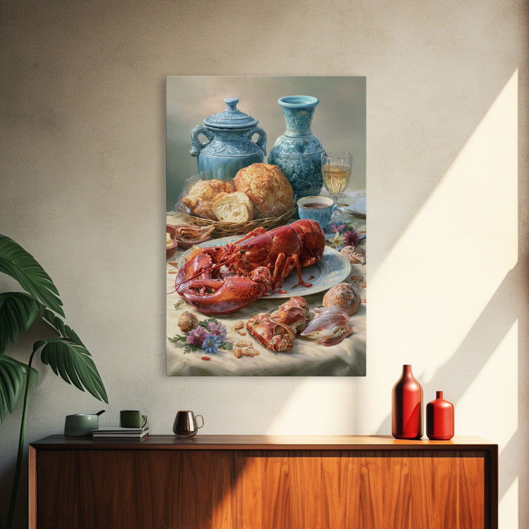 Seafood Lobster and Shell Arrangement Canvas Print, Restaurant Art, Gallery Decor, Restaurant Decor, Fine Art, Bistro, RES-2x3-16