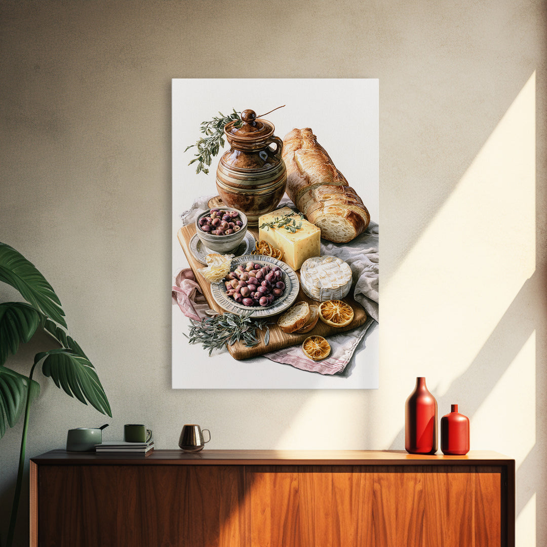 Mediterranean Olives Bread and Cheese Board Canvas Print, Restaurant Art, Kitchen Wall Art, Restaurant Decor, Bistro, RES-2x3-17