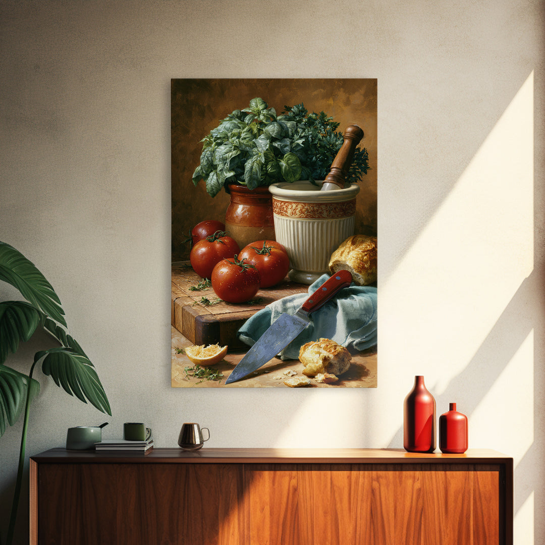 Chef Knife Herbs and Cutting Board Still Framed Canvas Print, Restaurant Art, Restaurant Decor, Oil Painting, Bistro, RES-2x3-21
