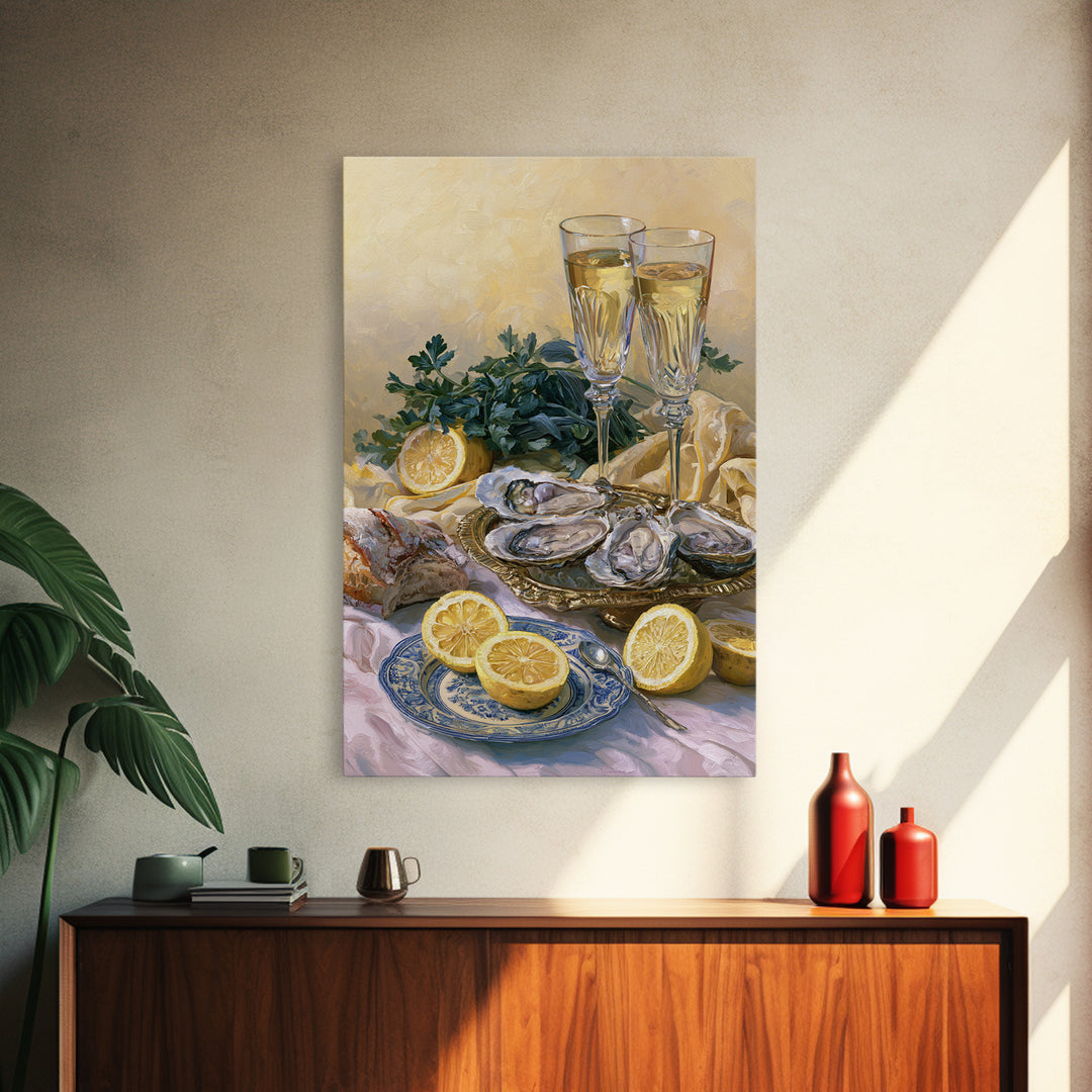 Oyster Platter with Lemons and Champagne Canvas Print, Restaurant Art, Framed Wall Art, Restaurant Decor, Watercolor Art, RES-2x3-35