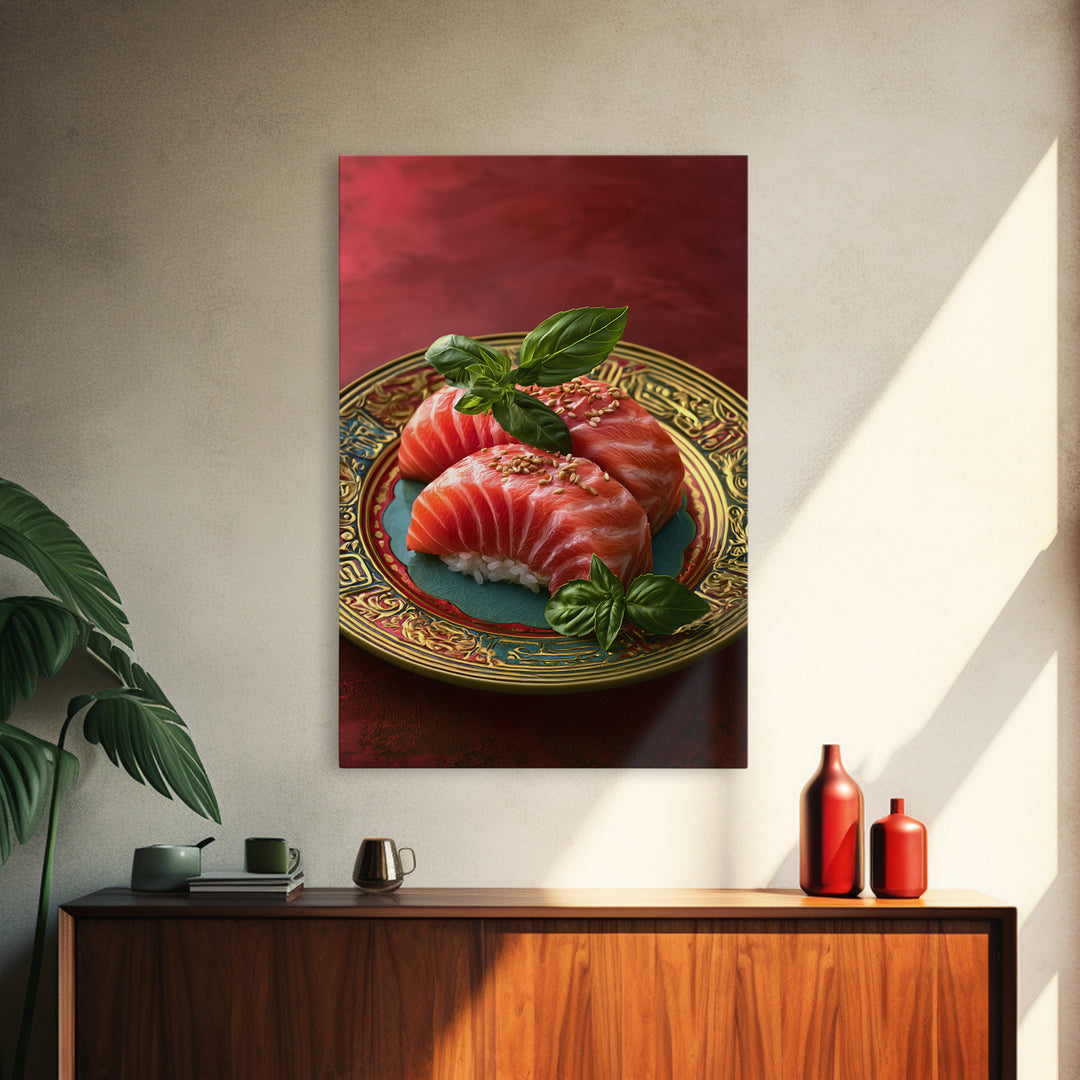 Sushi Fish and Ceramic Plate Composition Framed Canvas Print, Restaurant Art, Kitchen Decor, Restaurant Decor, Fine Art, Bistro, RES-2x3-37