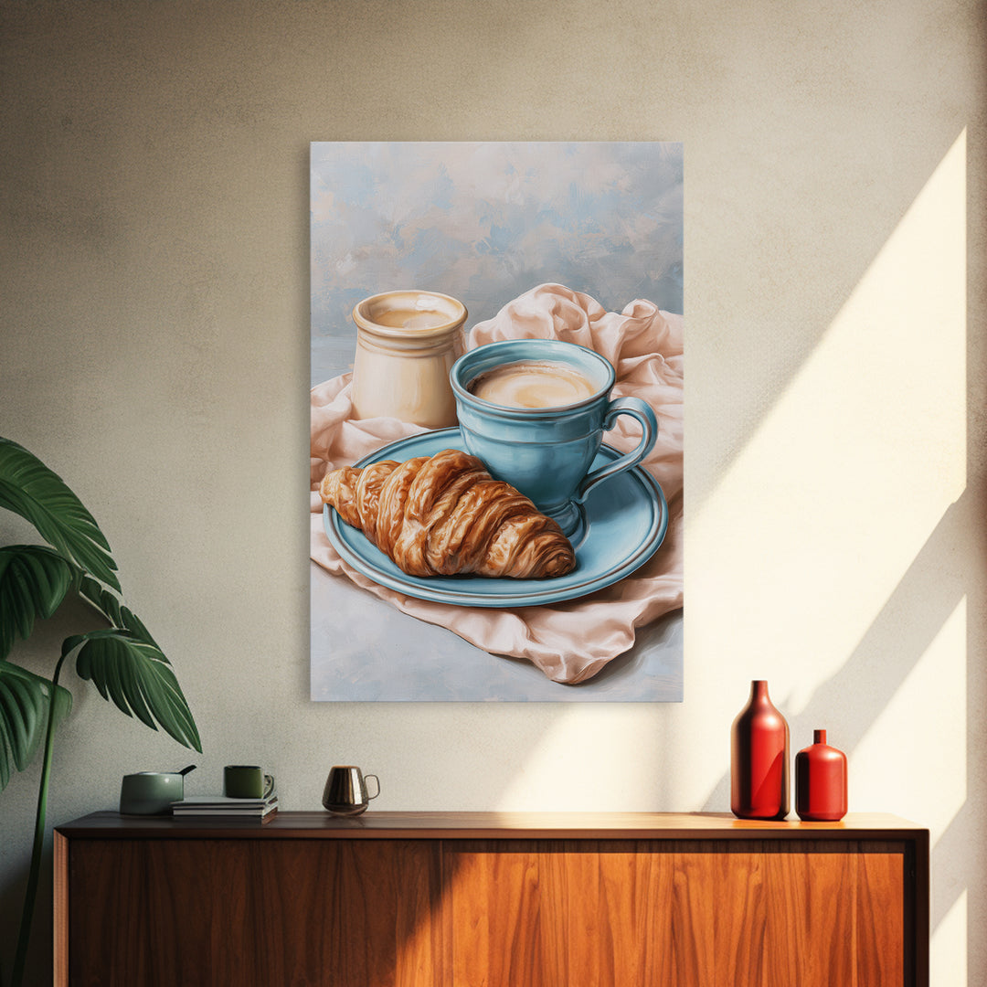 French Bistro Coffee and Croissant Still Life Framed Canvas Print, Restaurant Art, Canvas, Restaurant Decor, Fine Art, Bistro, RES-2x3-38