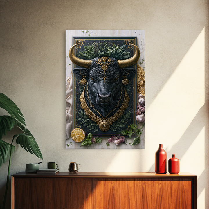 Steakhouse Black and Gold Bull Portrait Canvas Print, Restaurant Art, Canvas Wall Art, Restaurant Decor, Oil Painting, Bistro, RES-2x3-39