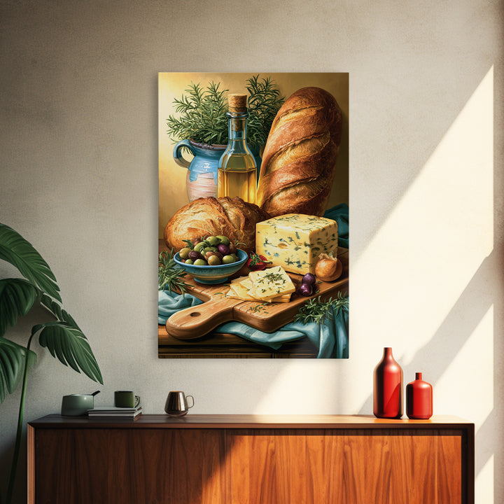 Mediterranean Olives Bread and Cheese Board Canvas Print, Restaurant Art, Kitchen Wall Art, Restaurant Decor, Bistro, RES-2x3-41