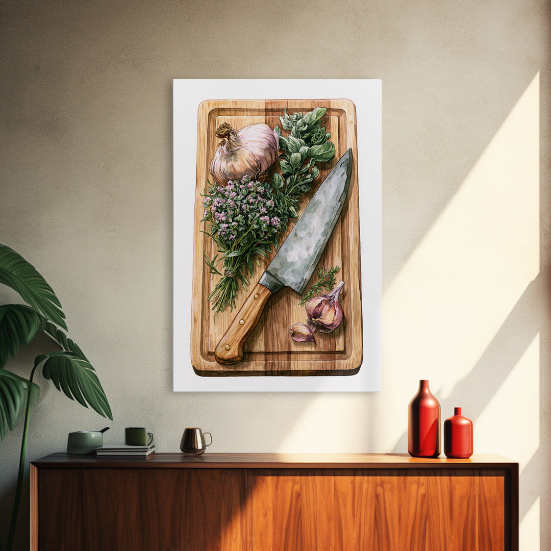 Chef Knife Herbs and Cutting Board Still Canvas Print, Restaurant Art, Digital Print, Restaurant Decor, Fine Art, Bistro, RES-2x3-45