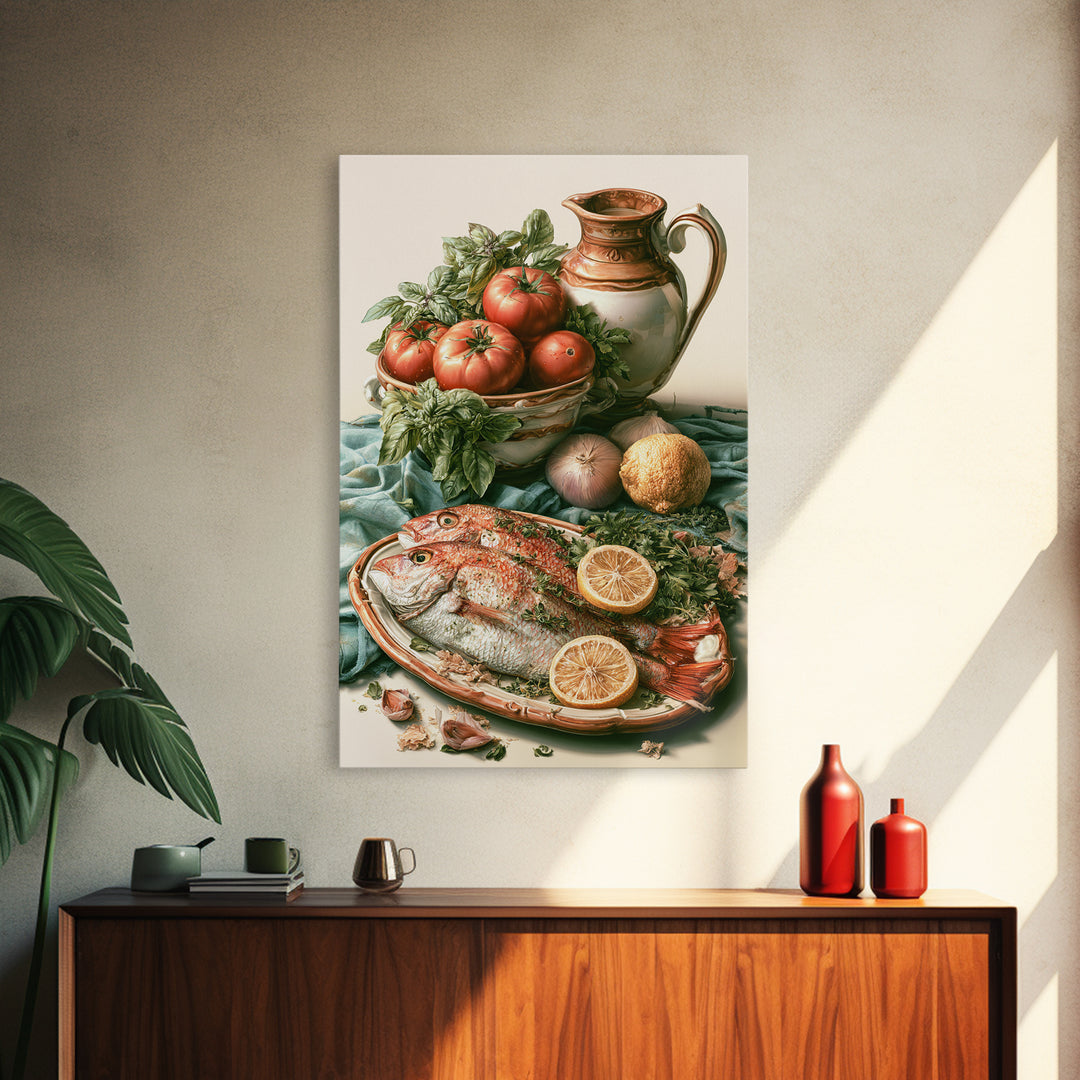 Fresh Fish with Lemon and Herbs Framed Canvas Print, Restaurant Art, Large Wall Art, Restaurant Decor, Fine Art, Bistro, RES-2x3-55