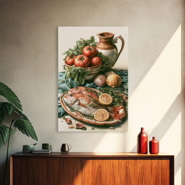 Fresh Fish with Lemon and Herbs Framed Canvas Print, Restaurant Art, Large Wall Art, Restaurant Decor, Fine Art, Bistro, RES-2x3-55
