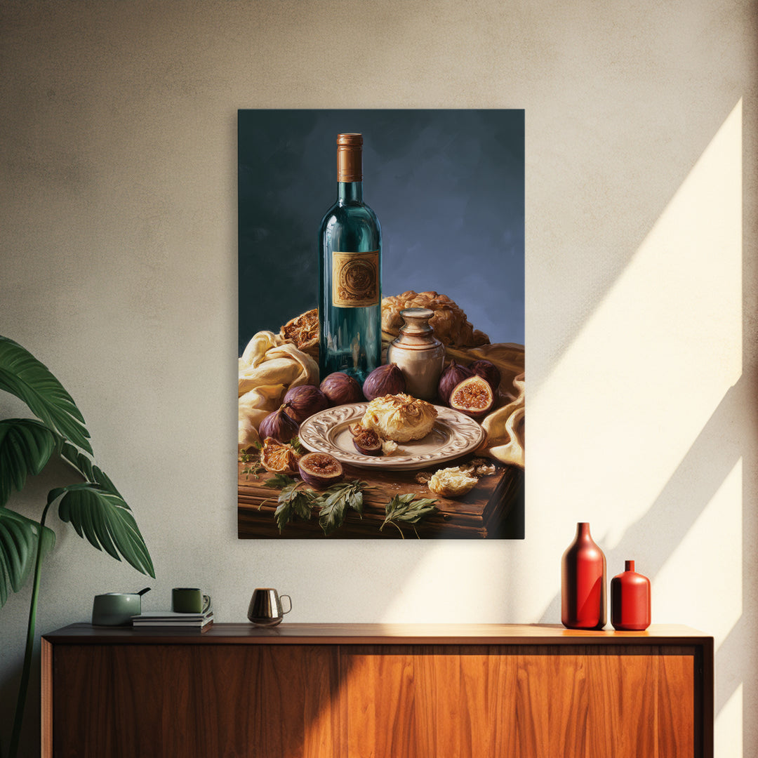 Wine Bottle and Figs Canvas Print, Restaurant Art, Watercolor Painting, Restaurant Decor, Oil Painting, Bistro, Fine Art Print, RES-2x3-57