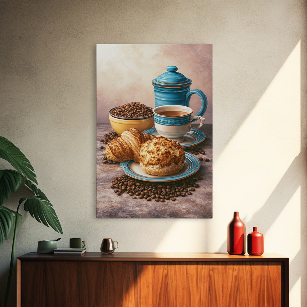 Coffee Beans and Pastry Arrangement Framed Canvas Print, Restaurant Art, Minimalist Decor, Restaurant Decor, Fine Art, Bistro, RES-2x3-6