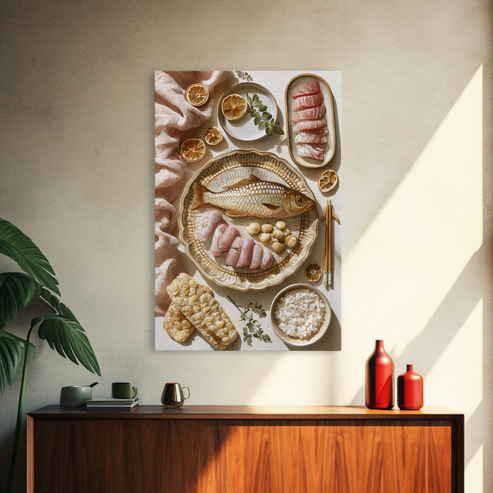 Sushi Fish and Ceramic Plate Composition Canvas Print, Restaurant Art, Kitchen Art, Restaurant Decor, Fine Art, Bistro, RES-2x3-61