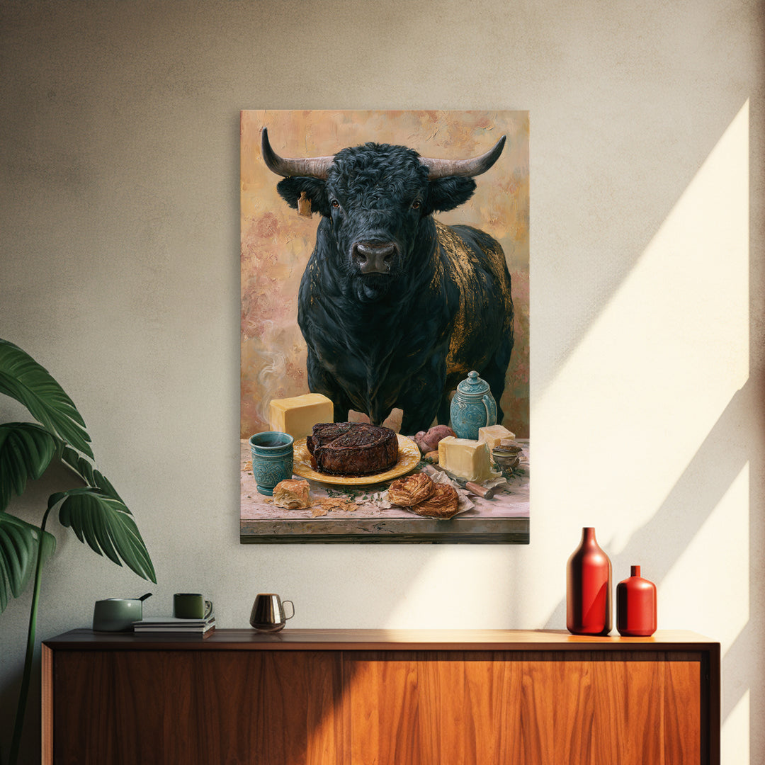 Steakhouse Black and Gold Bull Portrait Framed Canvas Print, Restaurant Art, Farmhouse Decor, Restaurant Decor, Bistro, RES-2x3-63