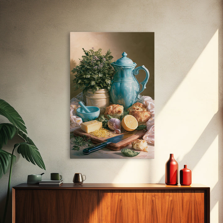 Chef Knife Herbs and Cutting Board Still Framed Canvas Print, Restaurant Art, Living Room Decor, Restaurant Decor, Bistro, RES-2x3-69