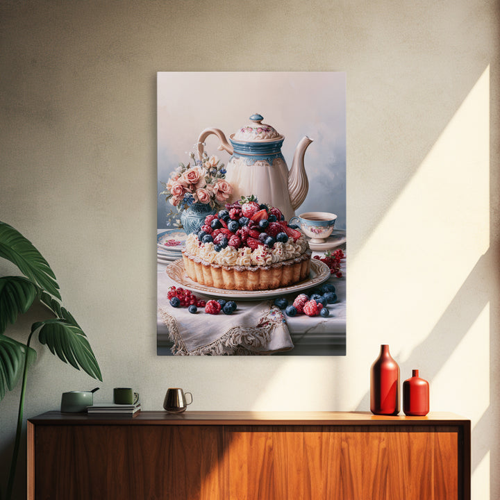 Dessert Tart with Berries and Cream Canvas Print, Restaurant Art, Wall Art Prints, Restaurant Decor, Oil Painting, Bistro, RES-2x3-72