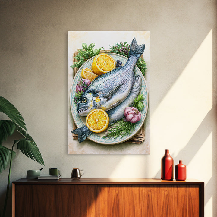 Fresh Fish with Lemon and Herbs Canvas Print, Restaurant Art, Printable Art, Restaurant Decor, Fine Art, Bistro, Watercolor Art, RES-2x3-79