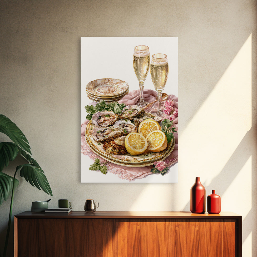 Oyster Platter with Lemons and Champagne Framed Canvas Print, Restaurant Art, Watercolor Art, Restaurant Decor, Abstract Art, RES-2x3-83