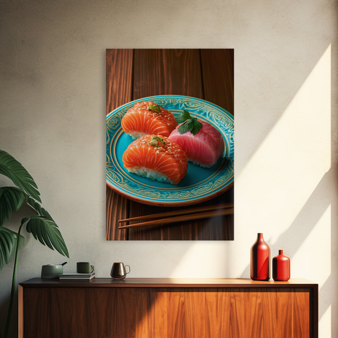 Sushi Fish and Ceramic Plate Composition Framed Canvas Print, Restaurant Art, Canvas Print, Restaurant Decor, Fine Art, Bistro, RES-2x3-85