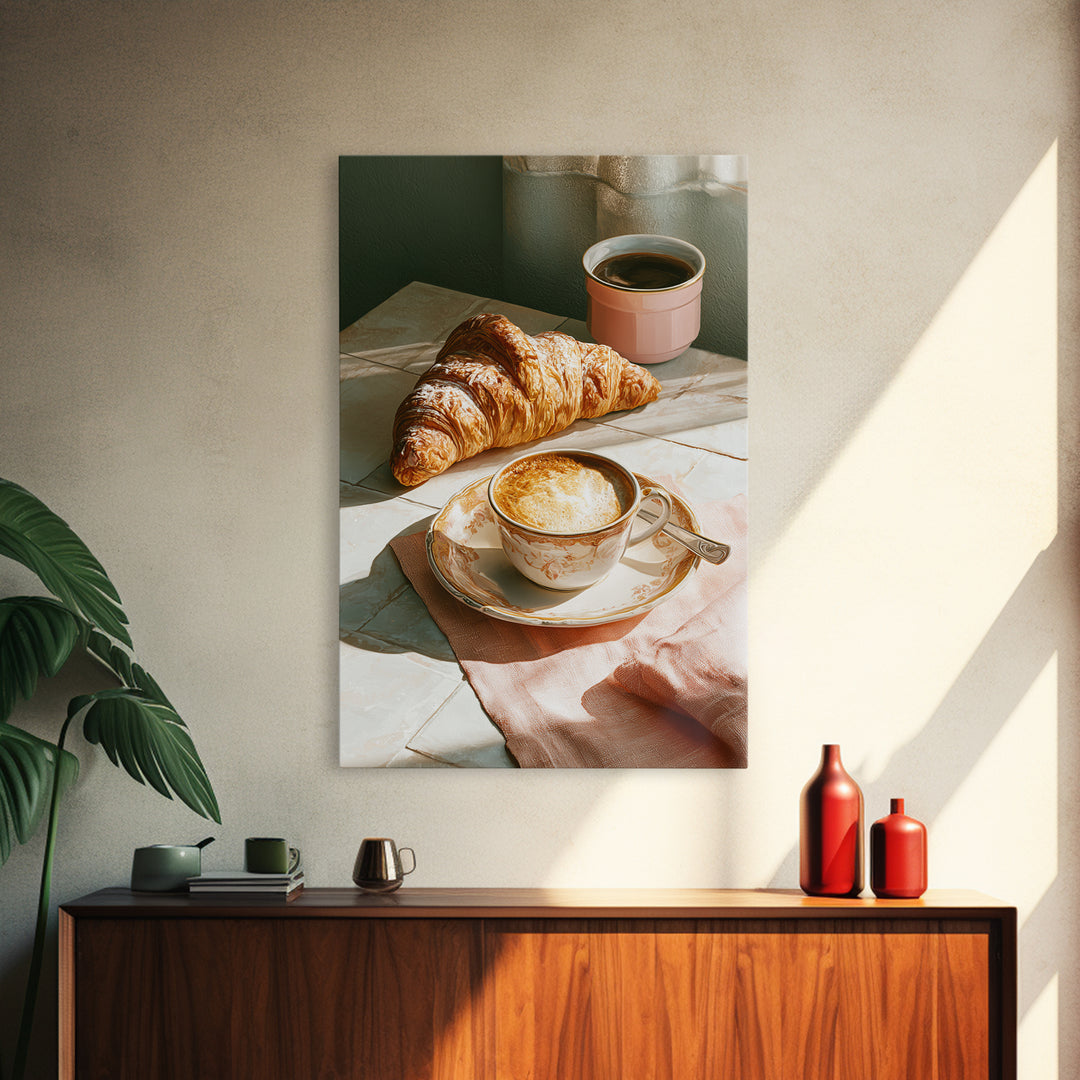 French Bistro Coffee and Croissant Still Life Canvas Print, Restaurant Art, Kitchen Wall Art, Restaurant Decor, Abstract Art, RES-2x3-86