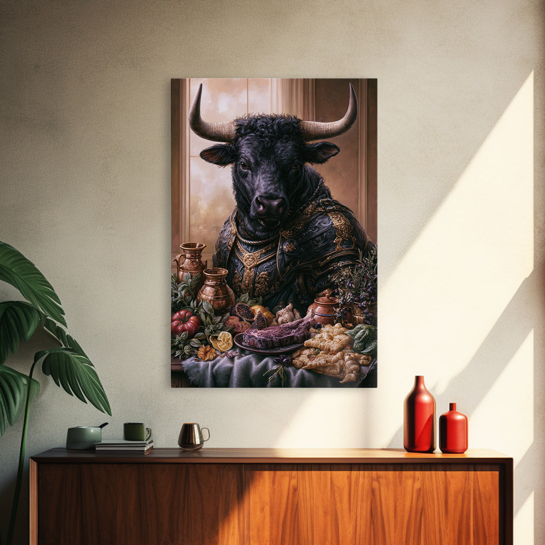 Steakhouse Black and Gold Bull Portrait Framed Canvas Print, Restaurant Art, Stained Glass Art, Restaurant Decor, Bistro, RES-2x3-87
