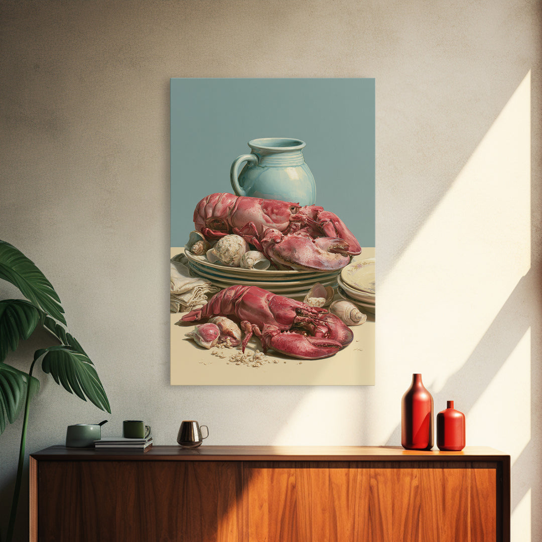 Seafood Lobster and Shell Arrangement Framed Canvas Print, Restaurant Art, Kitchen Art, Restaurant Decor, Fine Art, Bistro, RES-2x3-88