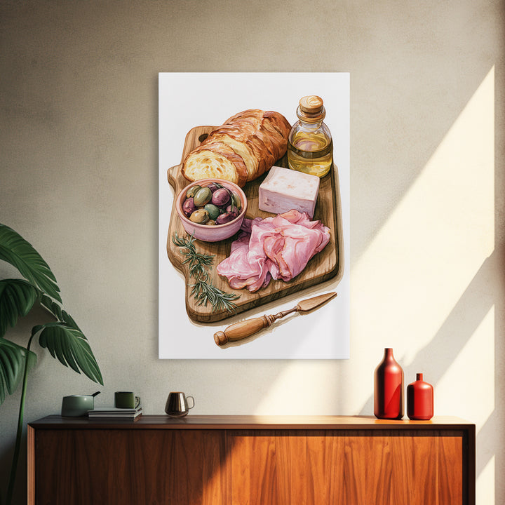 Mediterranean Olives Bread and Cheese Board Canvas Print, Restaurant Art, Bedroom Wall Art, Restaurant Decor, Bistro, RES-2x3-89