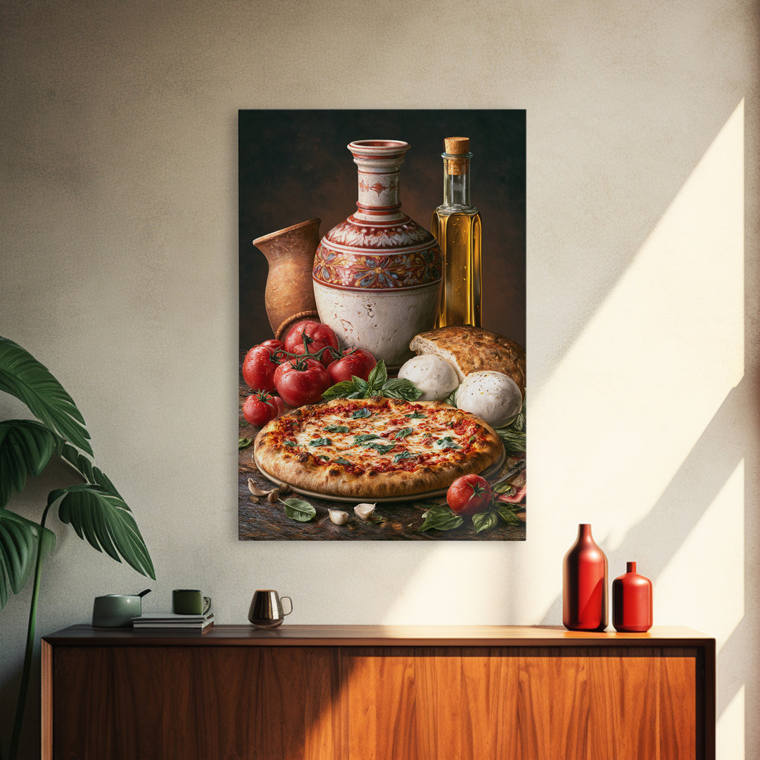 Pizzeria Tomato Basil and Mozzarella Still Life Framed Canvas Print, Restaurant Art, Digital Print, Restaurant Decor, Bistro, RES-2x3-90