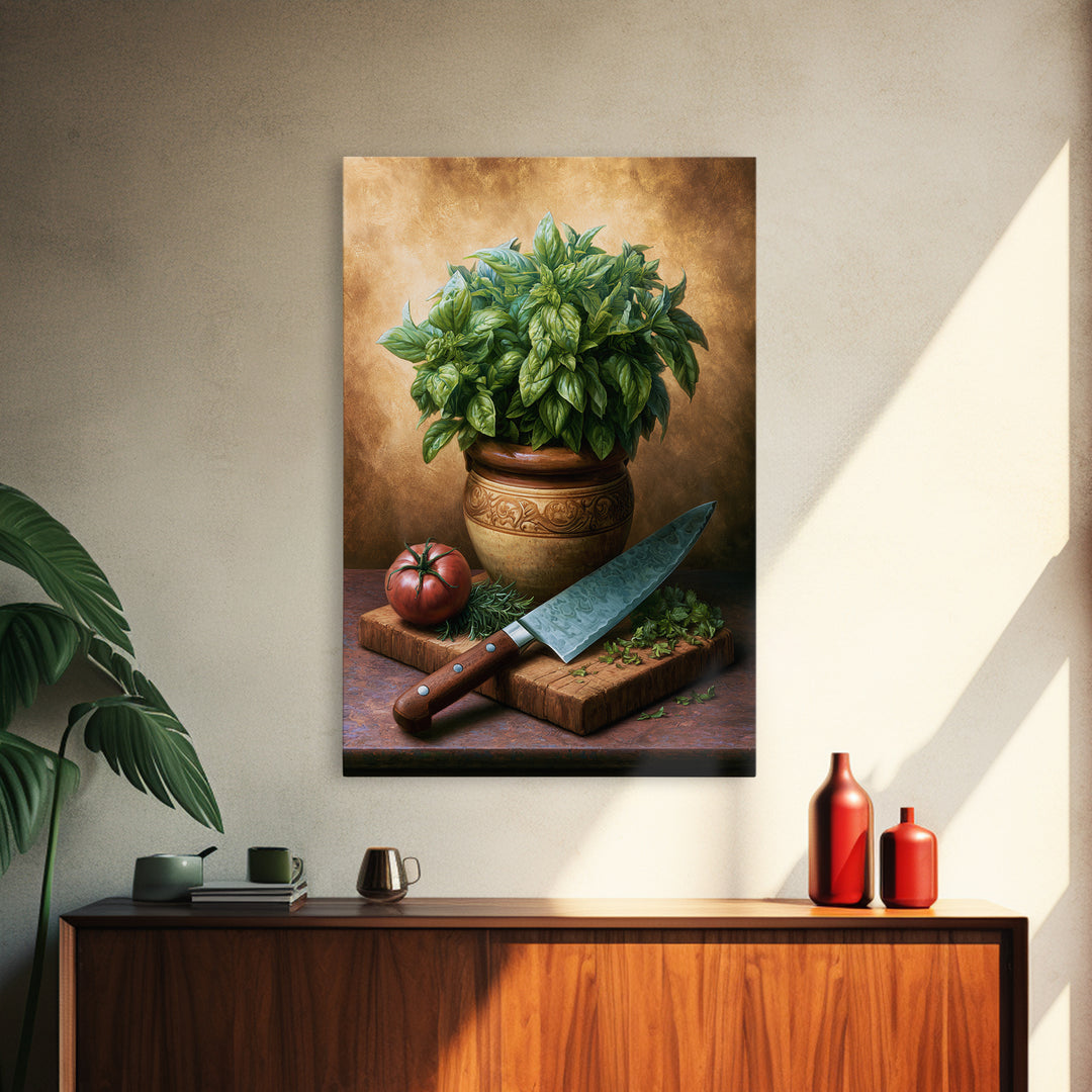 Chef Knife Herbs and Cutting Board Still Framed Canvas Print, Restaurant Art, Living Room Decor, Restaurant Decor, Bistro, RES-2x3-93