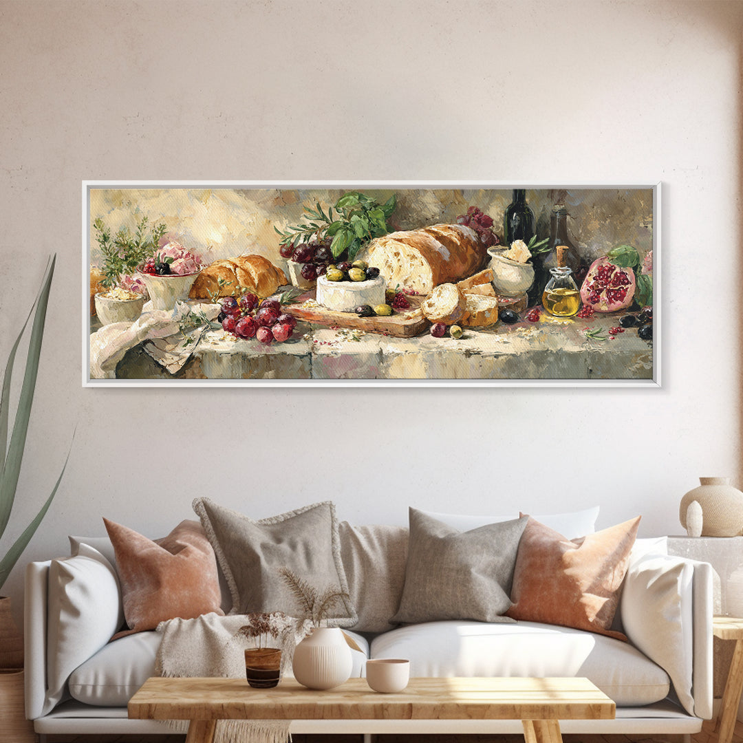Mediterranean Olives Bread and Cheese Board Framed Canvas Print, Restaurant Art, Wall Art Print, Restaurant Decor, Bistro, RES-3x1-1