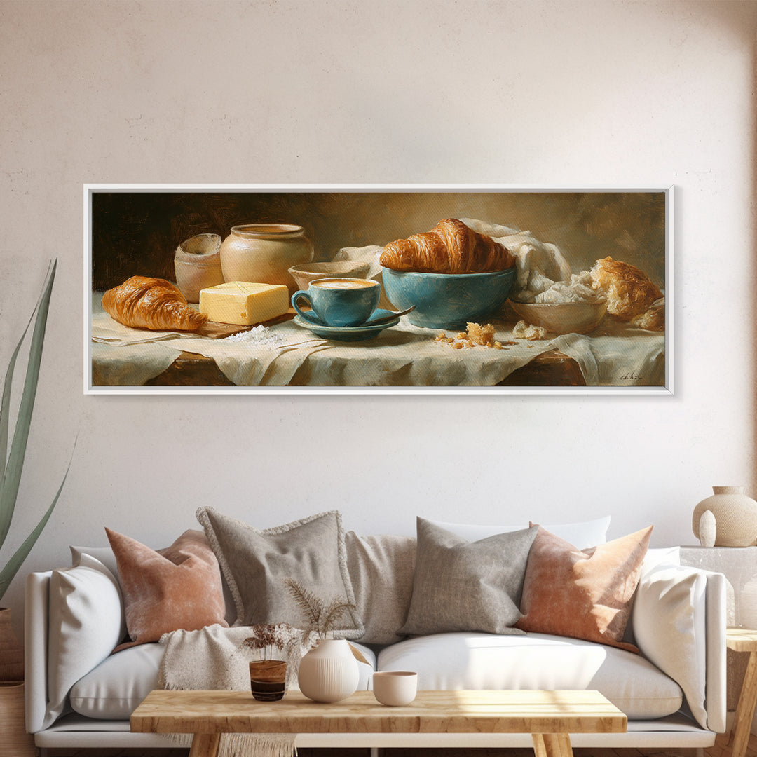 French Bistro Coffee and Croissant Still Life Canvas Print, Restaurant Art, Restaurant Decor, Abstract Art, Bistro, RES-3x1-22