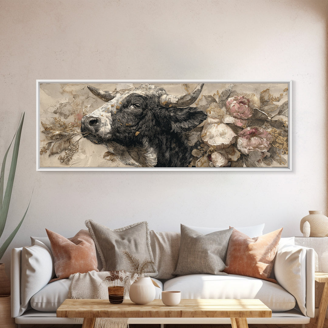 Steakhouse Black and Gold Bull Portrait Framed Canvas Print, Restaurant Art, Room Decor, Restaurant Decor, Oil Painting, Bistro, RES-3x1-23