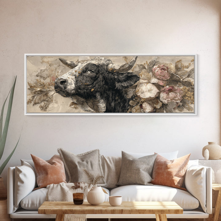 Steakhouse Black and Gold Bull Portrait Framed Canvas Print, Restaurant Art, Room Decor, Restaurant Decor, Oil Painting, Bistro, RES-3x1-23