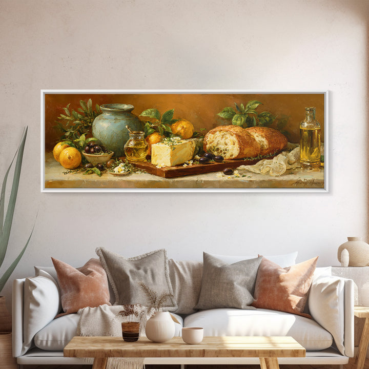 Mediterranean Olives Bread and Cheese Board Canvas Print, Restaurant Art, Watercolor Art, Restaurant Decor, Abstract Art, RES-3x1-25
