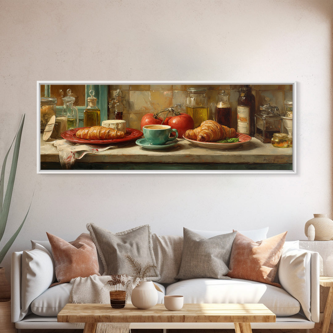 French Bistro Coffee and Croissant Still Life Canvas Print, Restaurant Art, Wall Art Print, Restaurant Decor, Fine Art, Bistro, RES-3x1-46