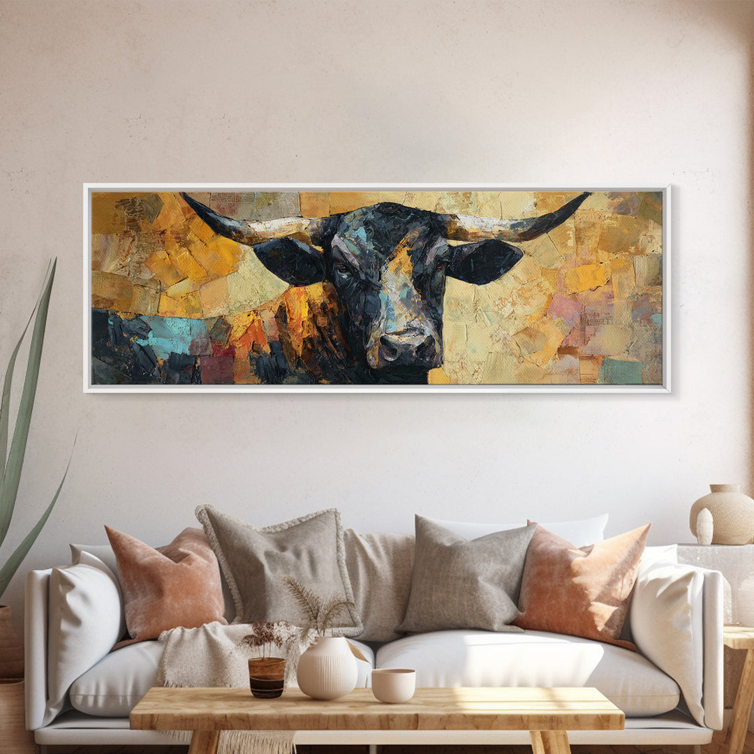 Steakhouse Black and Gold Bull Portrait Framed Canvas Print, Restaurant Art, Wall Art Prints, Restaurant Decor, Bistro, RES-3x1-47