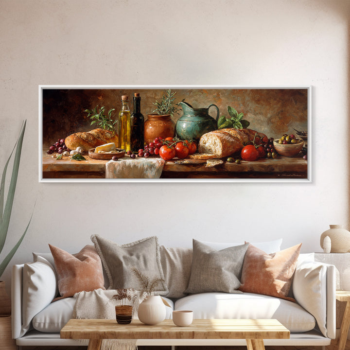 Mediterranean Olives Bread and Cheese Board Canvas Print, Restaurant Art, Watercolor Art, Restaurant Decor, Abstract Art, RES-3x1-49