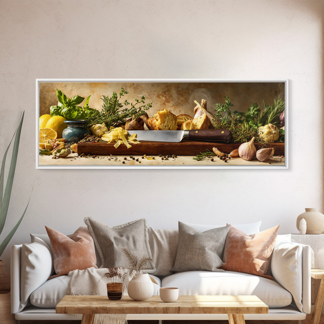 Chef Knife Herbs and Cutting Board Still Framed Canvas Print, Restaurant Art, Stained Glass Art, Restaurant Decor, Bistro, RES-3x1-53