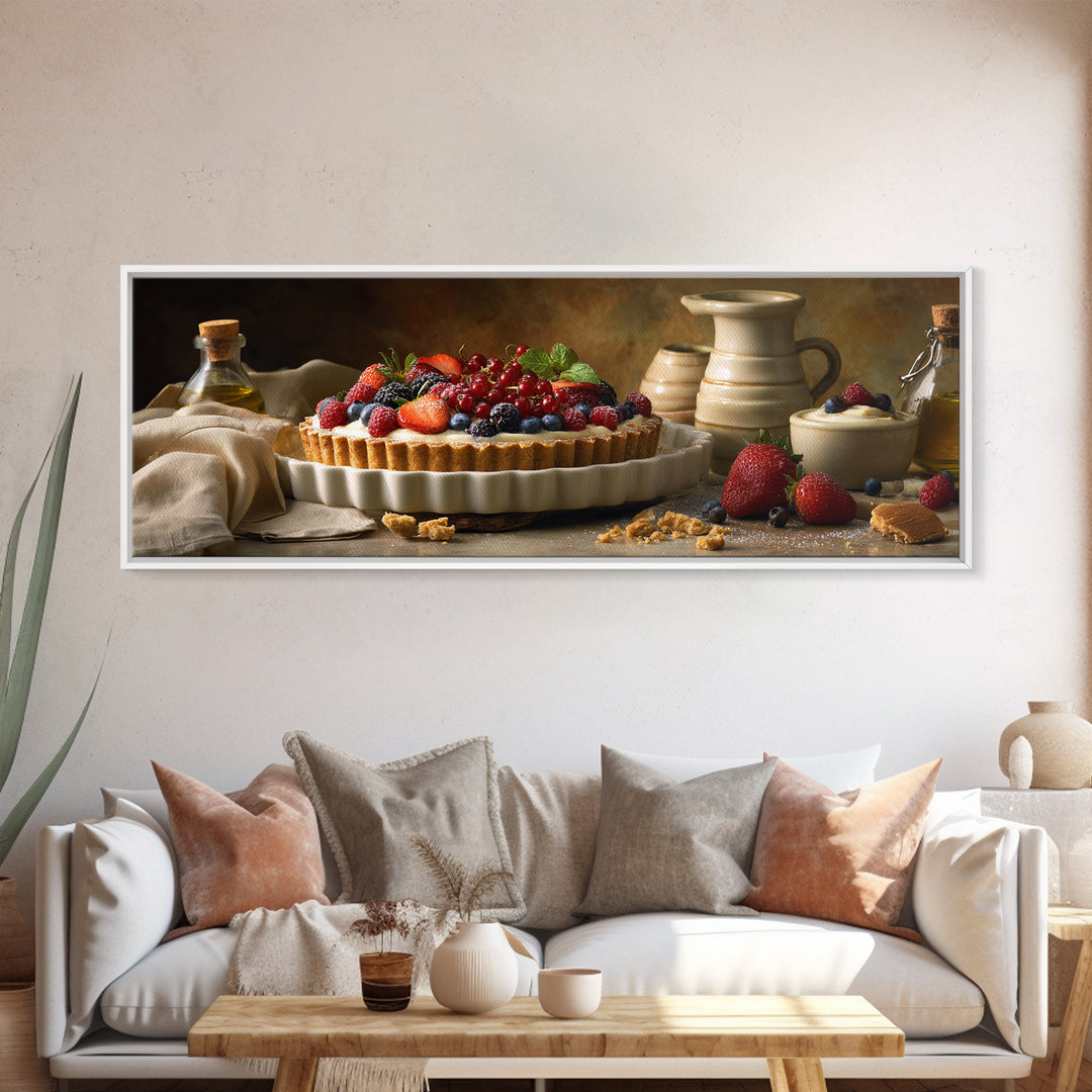 Dessert Tart with Berries and Cream Framed Canvas Print, Restaurant Art, Minimalist Decor, Restaurant Decor, Fine Art, Bistro, RES-3x1-56