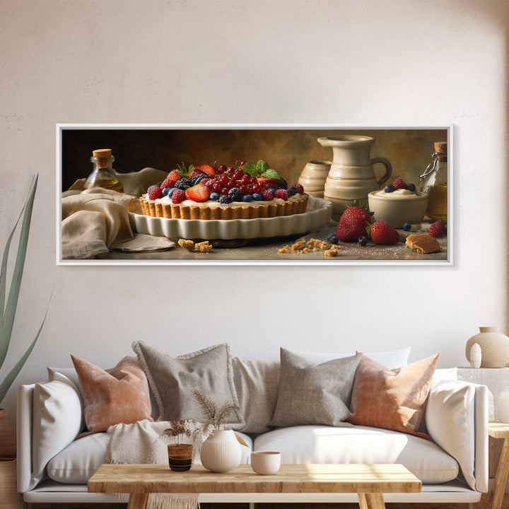 Dessert Tart with Berries and Cream Framed Canvas Print, Restaurant Art, Minimalist Decor, Restaurant Decor, Fine Art, Bistro, RES-3x1-56