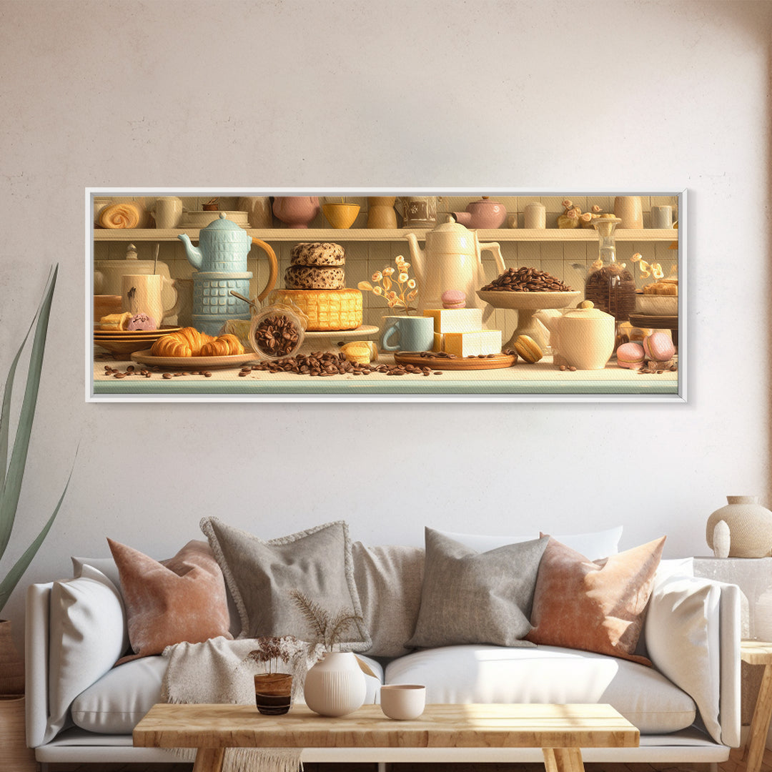 Coffee Beans and Pastry Arrangement Canvas Print, Restaurant Art, Boho Decor, Restaurant Decor, Oil Painting, Bistro, RES-3x1-62