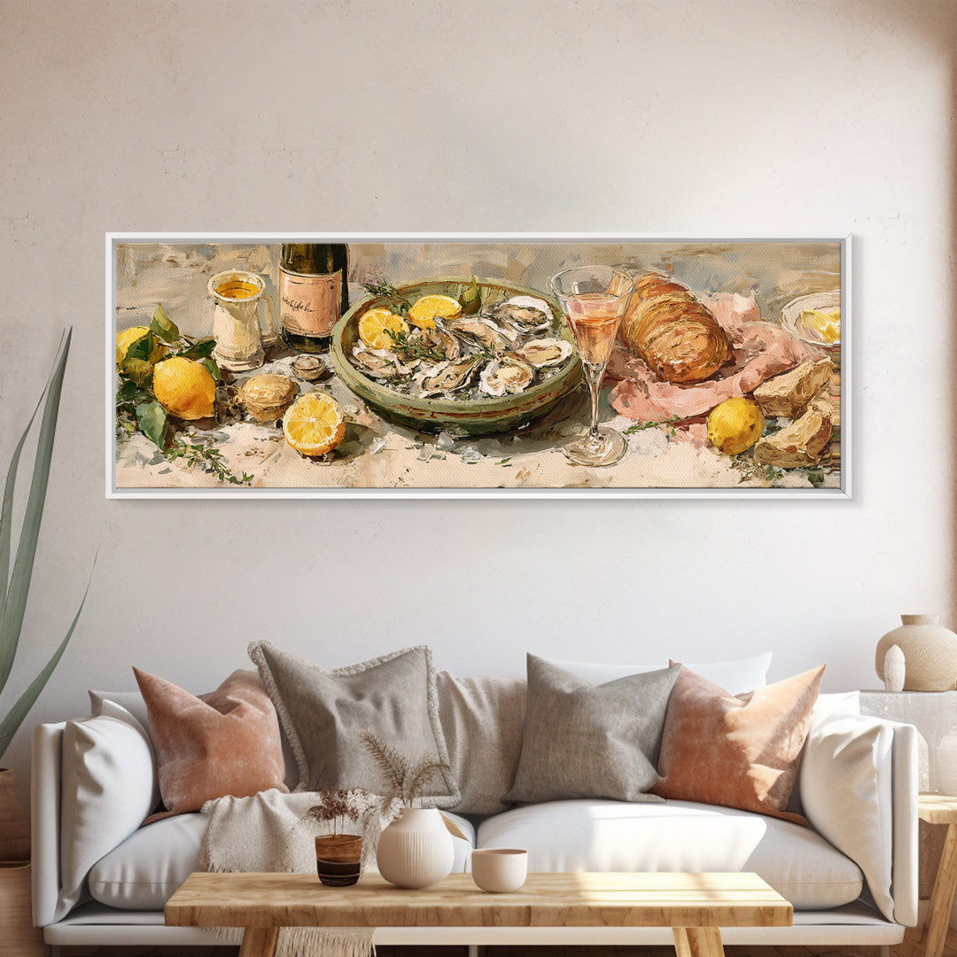 Oyster Platter with Lemons and Champagne Framed Canvas Print, Restaurant Art, Kitchen Wall Art, Restaurant Decor, Abstract Art, RES-3x1-67