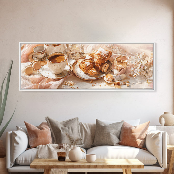 French Bistro Coffee and Croissant Still Life Canvas Print, Restaurant Art, Wall Art, Restaurant Decor, Oil Painting, Bistro, RES-3x1-70