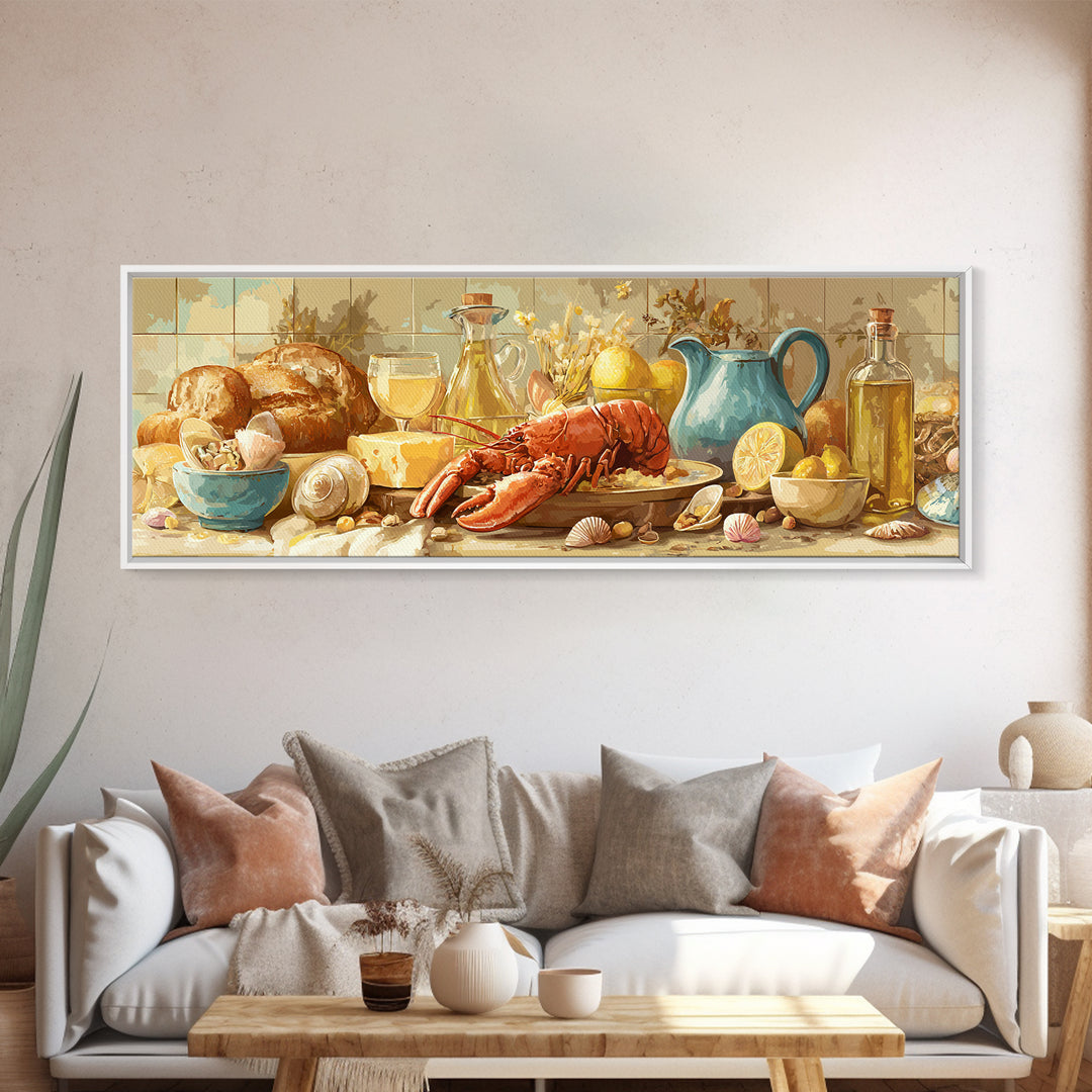Seafood Lobster and Shell Arrangement Framed Canvas Print, Restaurant Art, Poster, Restaurant Decor, Fine Art, Bistro, RES-3x1-72