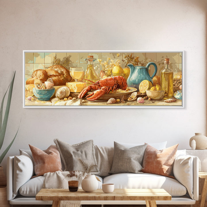 Seafood Lobster and Shell Arrangement Framed Canvas Print, Restaurant Art, Poster, Restaurant Decor, Fine Art, Bistro, RES-3x1-72