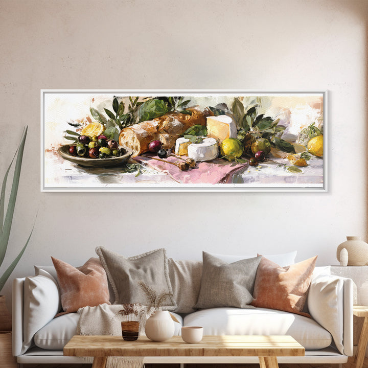 Mediterranean Olives Bread and Cheese Board Framed Canvas Print, Restaurant Art, Neutral Decor, Restaurant Decor, Bistro, RES-3x1-73