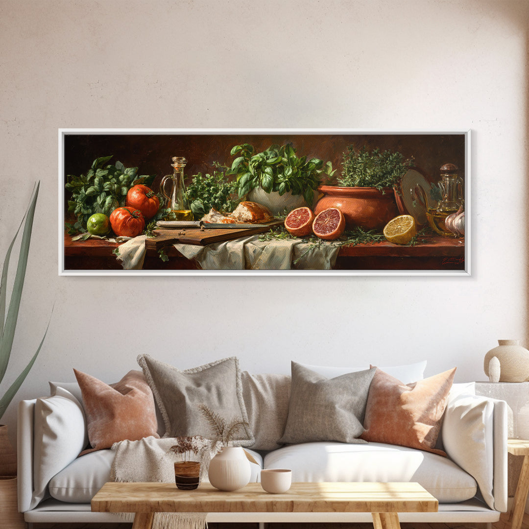 Chef Knife Herbs and Cutting Board Still Framed Canvas Print, Restaurant Art, Stained Glass Art, Restaurant Decor, Bistro, RES-3x1-77