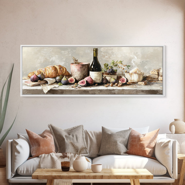 Wine Bottle and Figs Framed Canvas Print, Restaurant Art, Boho Decor, Restaurant Decor, Oil Painting, Bistro, RES-3x1-89