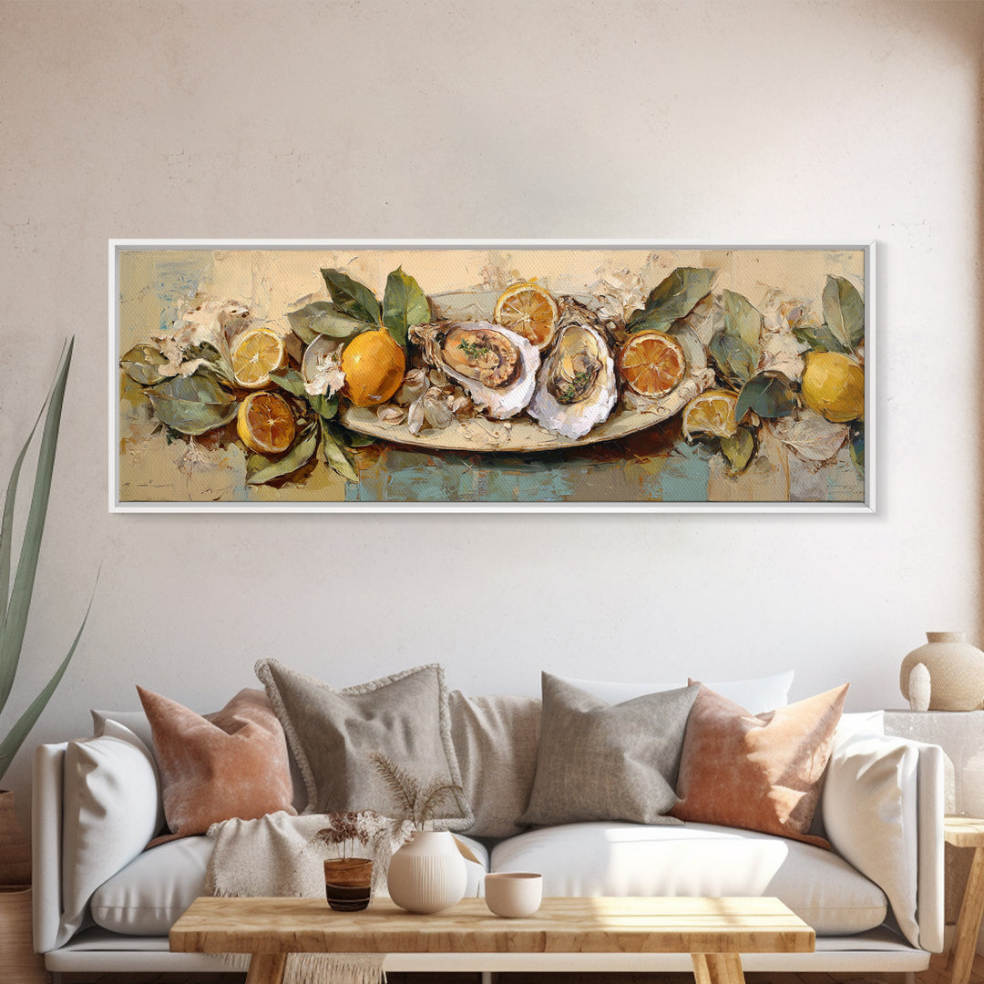 Oyster Platter with Lemons and Champagne Canvas Print, Restaurant Art, Canvas, Restaurant Decor, Bistro, Living Room Decor, RES-3x1-91