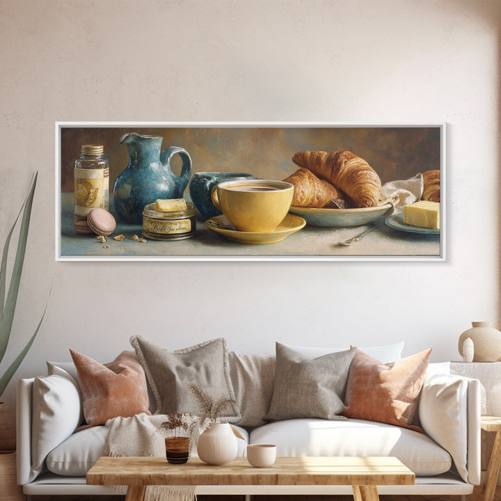 French Bistro Coffee and Croissant Still Life Canvas Print, Restaurant Art, Bedroom Wall Art, Restaurant Decor, Watercolor Art, RES-3x1-94